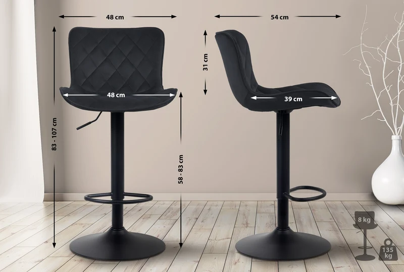 Lot de 2 tabourets de bar en tissu velours noir pieds en métal noir hauteur réglable pivotant TDB10727