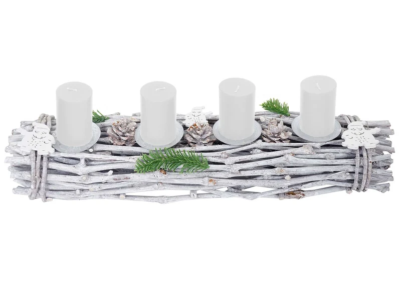 Couronne de l'Avent allongée décoration de Noël bois 60x16x9cm blanc-gris avec bougies blanc 04_0002558