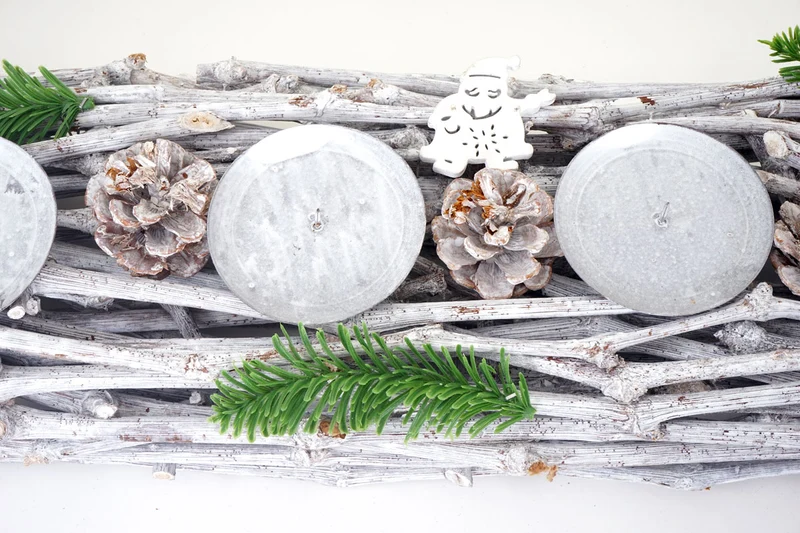 Couronne de l'Avent allongée décoration de Noël bois 60x16x9cm blanc-gris avec bougies blanc 04_0002558