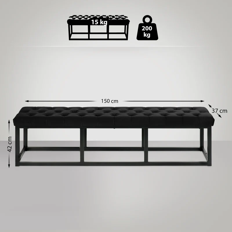 Banquette capitonné bout de lit en tissu velours noir support en métal noir 150 cm BAN10113