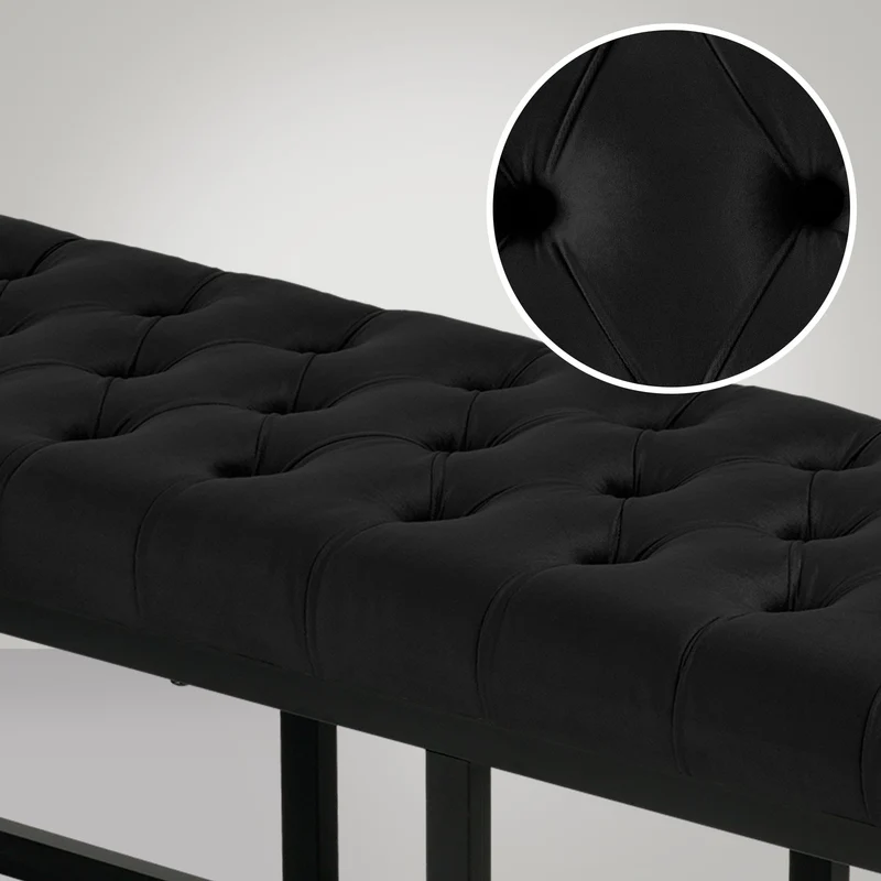 Banquette capitonné bout de lit en tissu velours noir support en métal noir 150 cm BAN10113