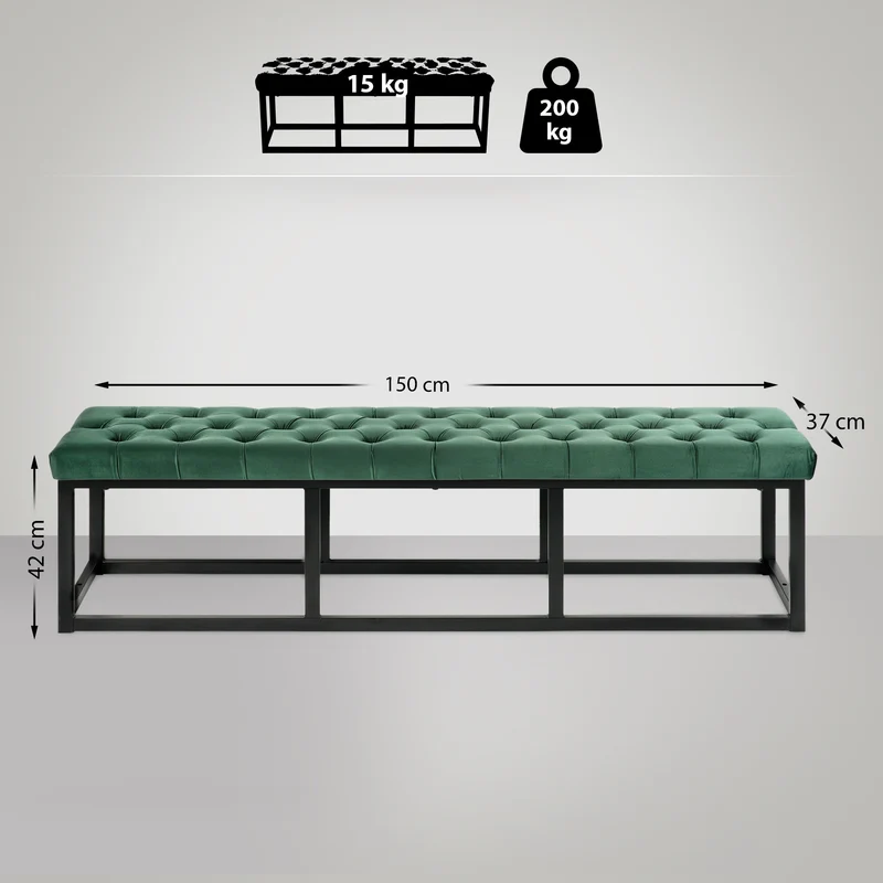 Banquette capitonné bout de lit en tissu velours vert support en métal noir 150 cm BAN10112