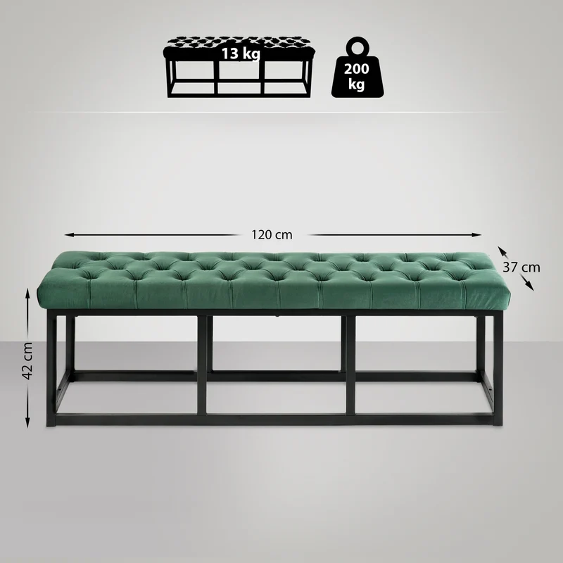Banquette capitonné bout de lit en tissu velours vert support en métal noir 120 cm BAN10111