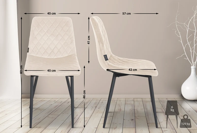 Lot de 4 chaises de salle à manger en tissu velours crème pieds métal noir couture losange CDS10419