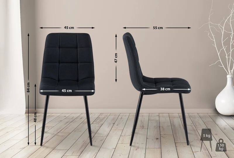 Lot de 4 chaises de salle à manger en tissu noir pieds métal noir design moderne et confortable CDS10416