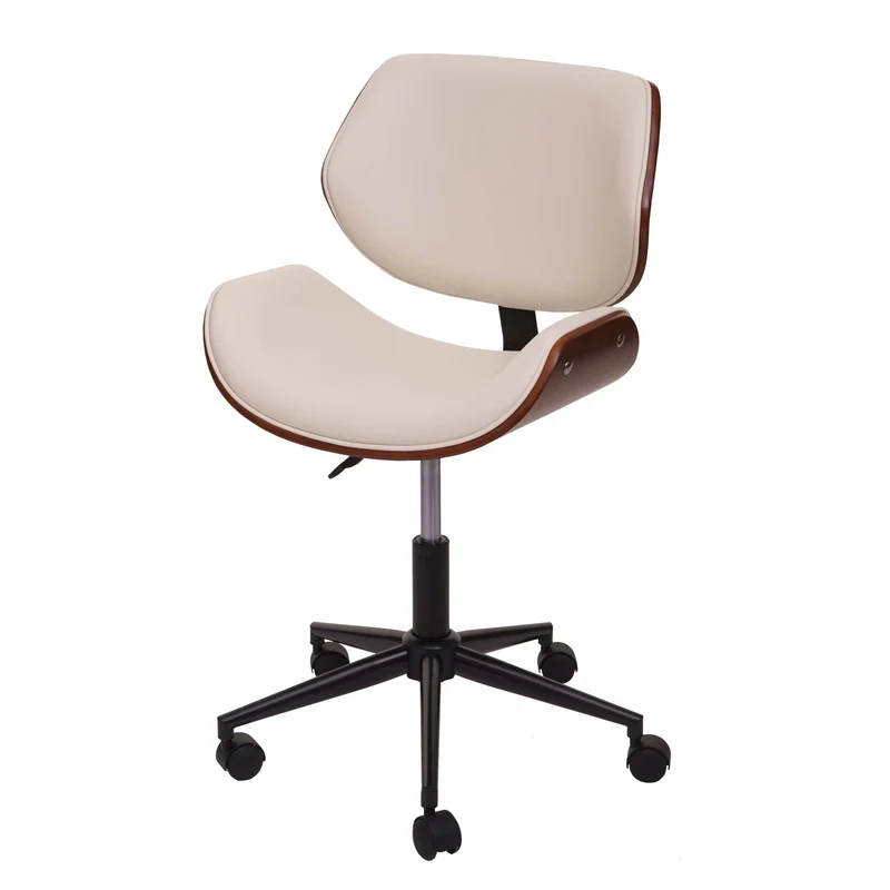 Chaise fauteuil de bureau pivotante aspect noyer courbé hauteur réglable pivotante design rétro crème 04_0001859