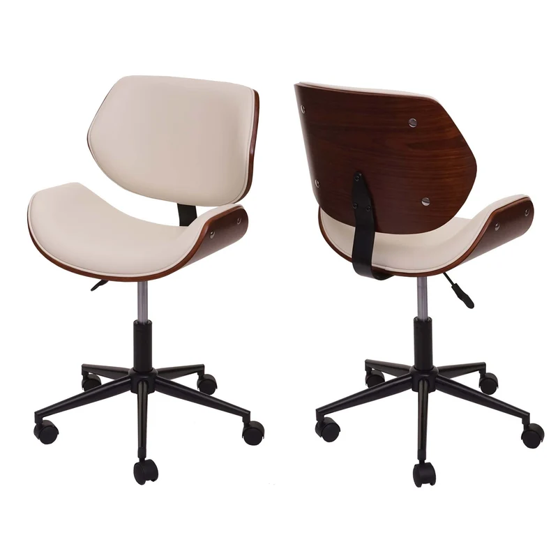 Chaise fauteuil de bureau pivotante aspect noyer courbé hauteur réglable pivotante design rétro crème 04_0001859
