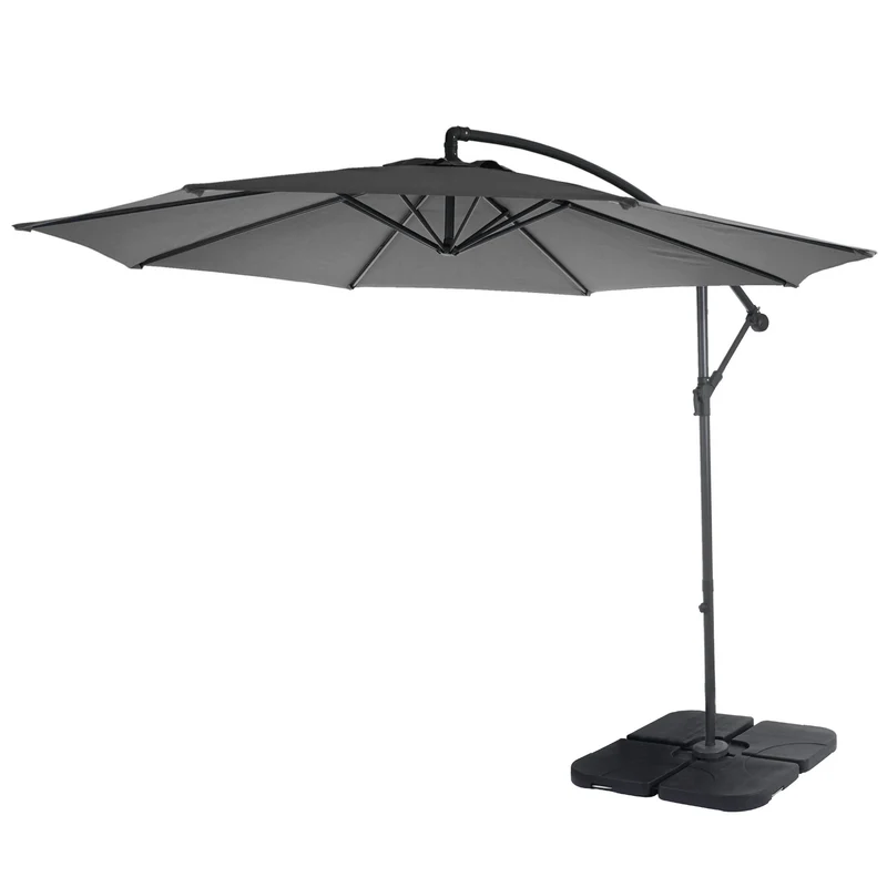 Parasol déporté protection solaire Ø 3m inclinable polyester/acier 11kg gris avec support 04_0000944