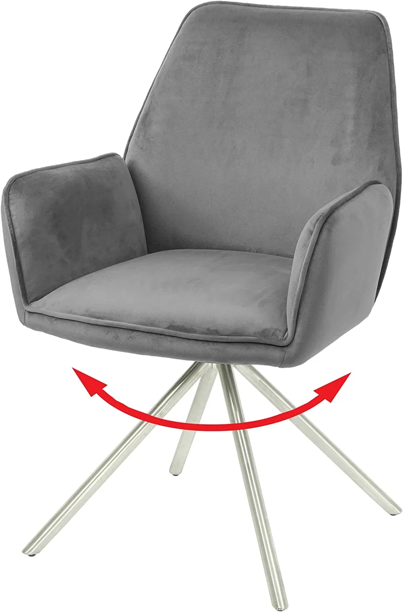 Chaise fauteuil rembourré salon bureau avec accoudoirs rotation 90° en velours gris pieds acier FAL04038