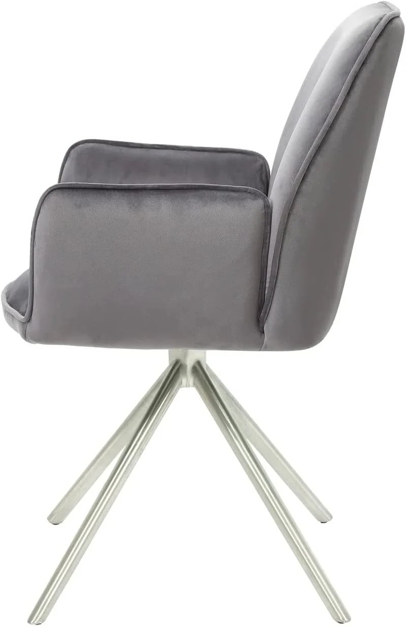 Chaise fauteuil rembourré salon bureau avec accoudoirs rotation 90° en velours gris pieds acier FAL04038