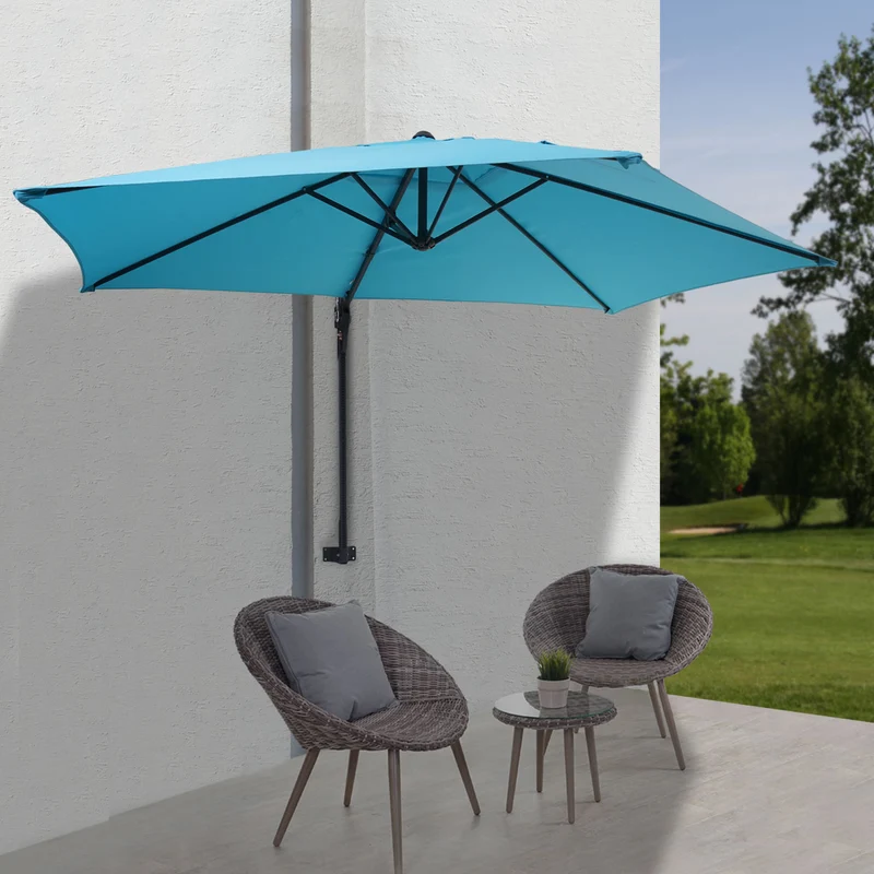 Parasol mural pour balcon terrasse avec mât inclinable 3m polyester aluminium/acier 9kg couleur turquoise 04_0005635