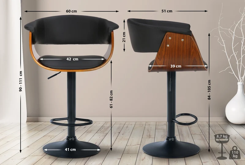 Lot de 2 tabourets de bar chic et confortable en bois noyer synthétique et métal noir TDB10721