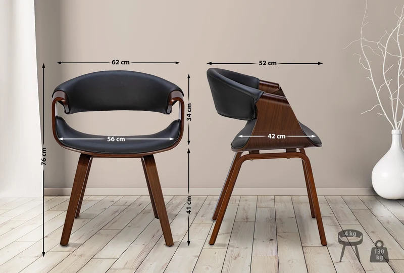 Chaise de salle à manger fauteuil de bureau sans roulette assise en synthétique noir pieds en bois FAL101551