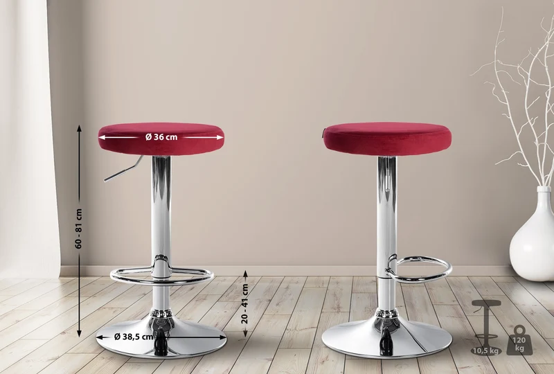 Lot de 2 tabourets de bar avec assise en tissu velours rouge et cadre métal chromé TDB10717