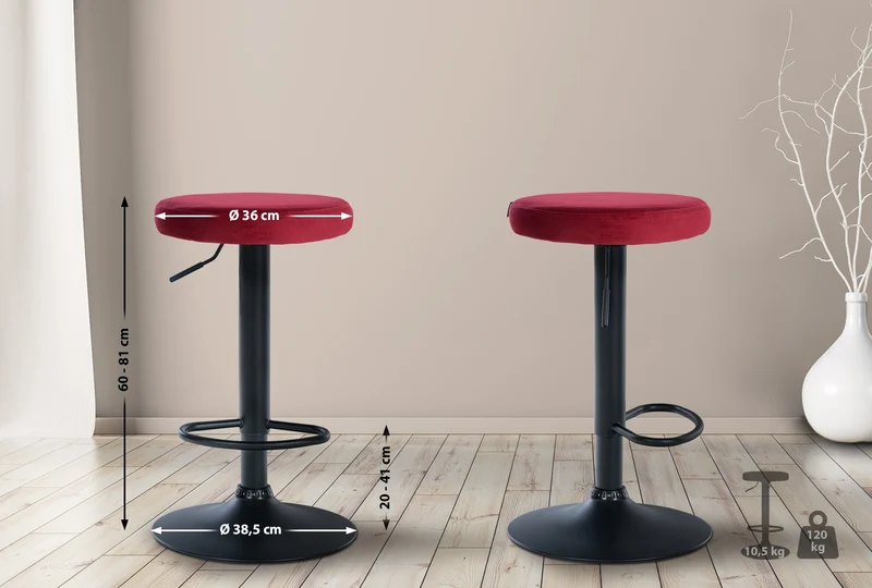Lot de 2 tabourets de bar avec assise en tissu velours rouge et cadre métal noir TDB10709