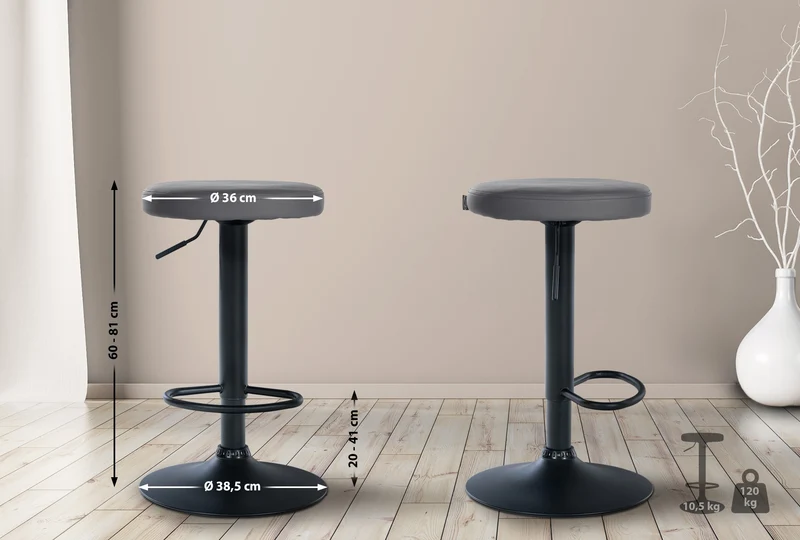Lot de 2 tabourets de bar design simple avec assise en synthétique gris et cadre métal noir TDB10686