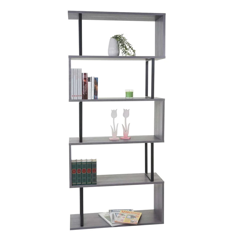 Bibliothèque étagère de salon 183x80cm 5 niveaux gris, métal noir 04_0001279