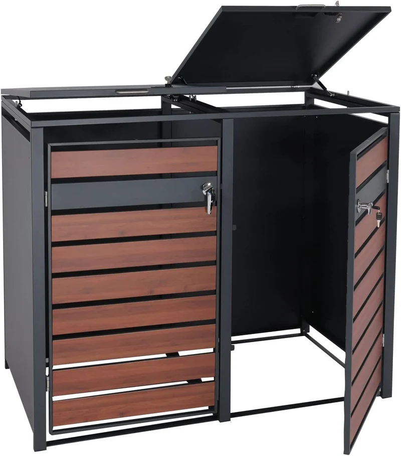 Abri de poubelle en métal pour deux poubelles de 80 à 240 litres anthracite aspect bois de cerisier brun foncé MDJ04176