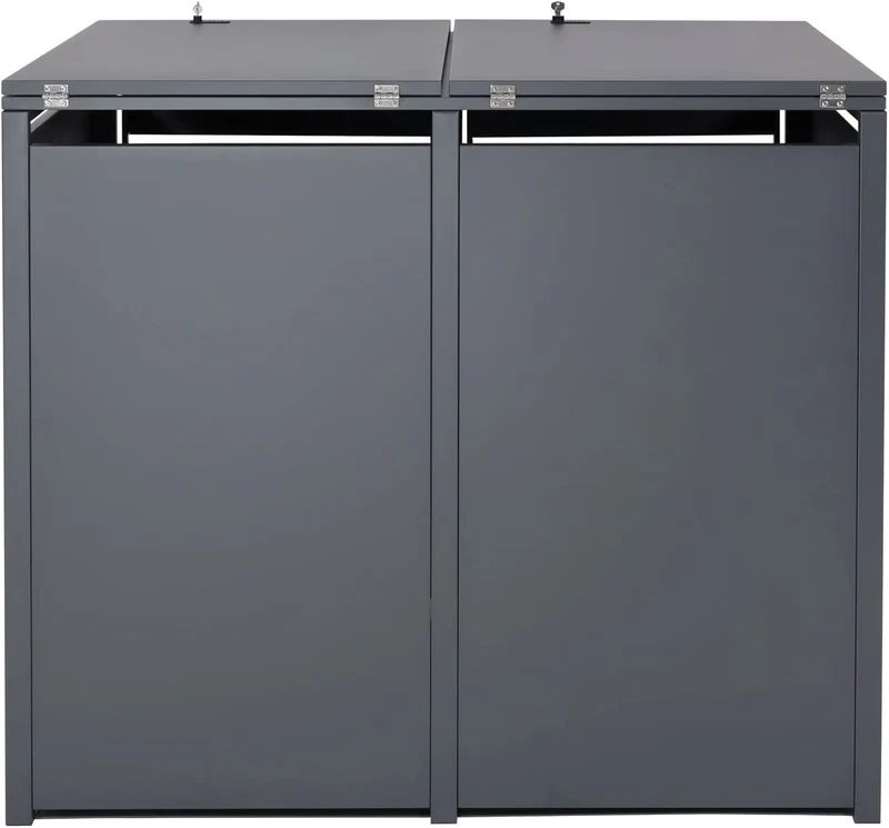 Abri de poubelle en métal pour deux poubelles de 80 à 240 litres anthracite aspect bois de cerisier brun foncé MDJ04176