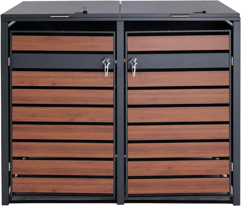 Abri de poubelle en métal pour deux poubelles de 80 à 240 litres anthracite aspect bois de cerisier brun foncé MDJ04176