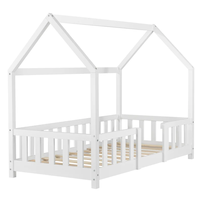 Lit pour enfant cabane maison avec barrière et sommier à lattes en bois de pin naturel 70 x 140 cm 03_0005486
