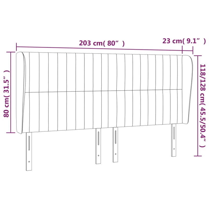 Tête de lit accessoire couchage chambre à coucher meuble avec rebord latéral 203 x 23 x 118/128 cm tissu velours gris clair TDL0205162