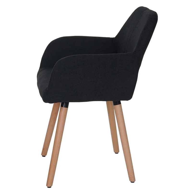 Chaise de salle à manger bureau visiteur sans roulette design rétro en tissu noir pied en bois clair 04_0002148
