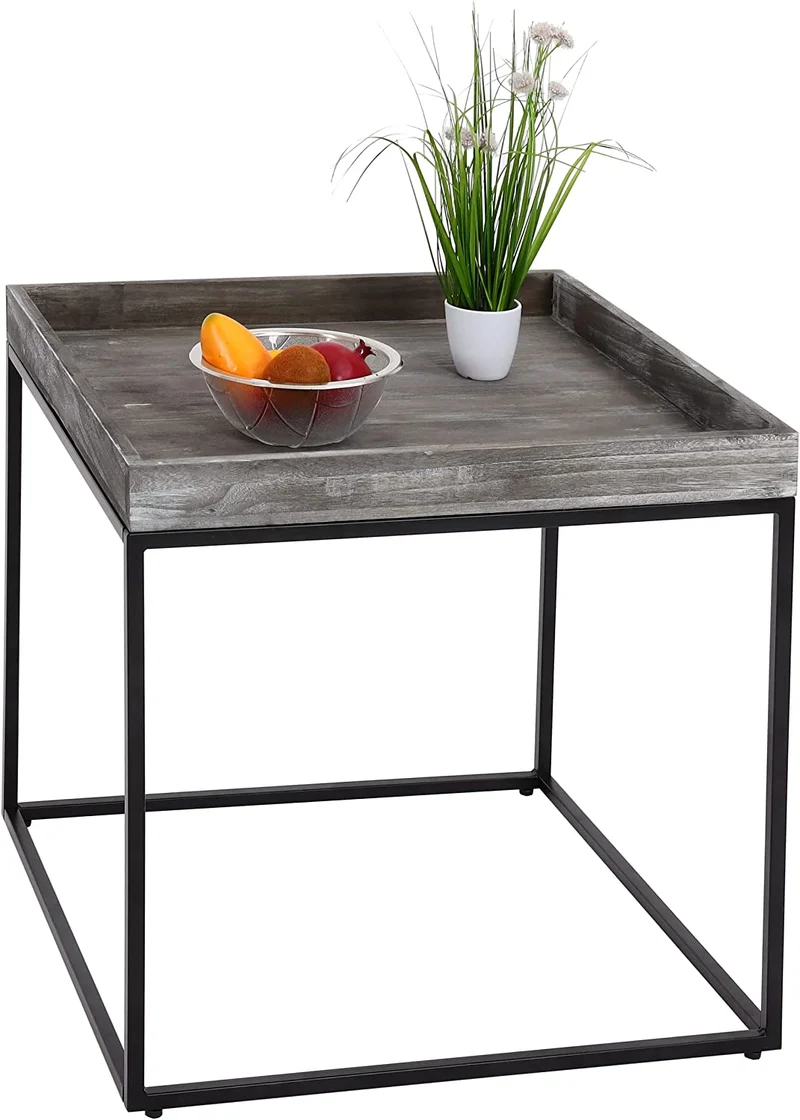 Table d'appoint table basse bout de canapé en bois de paulownia gris foncé et métal 60x60x60cm MED04077