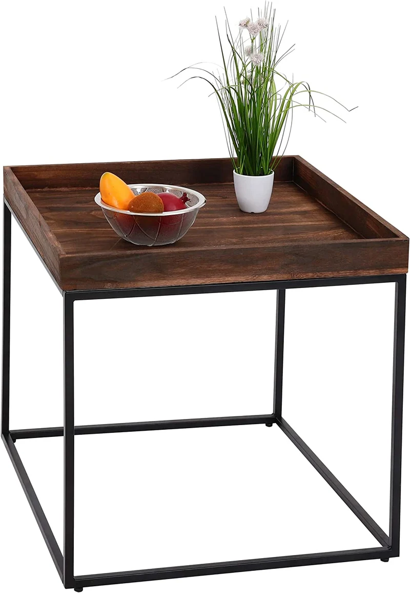 Table d'appoint table basse bout de canapé en bois de paulownia marron foncé et métal 60x60x60cm MED04076