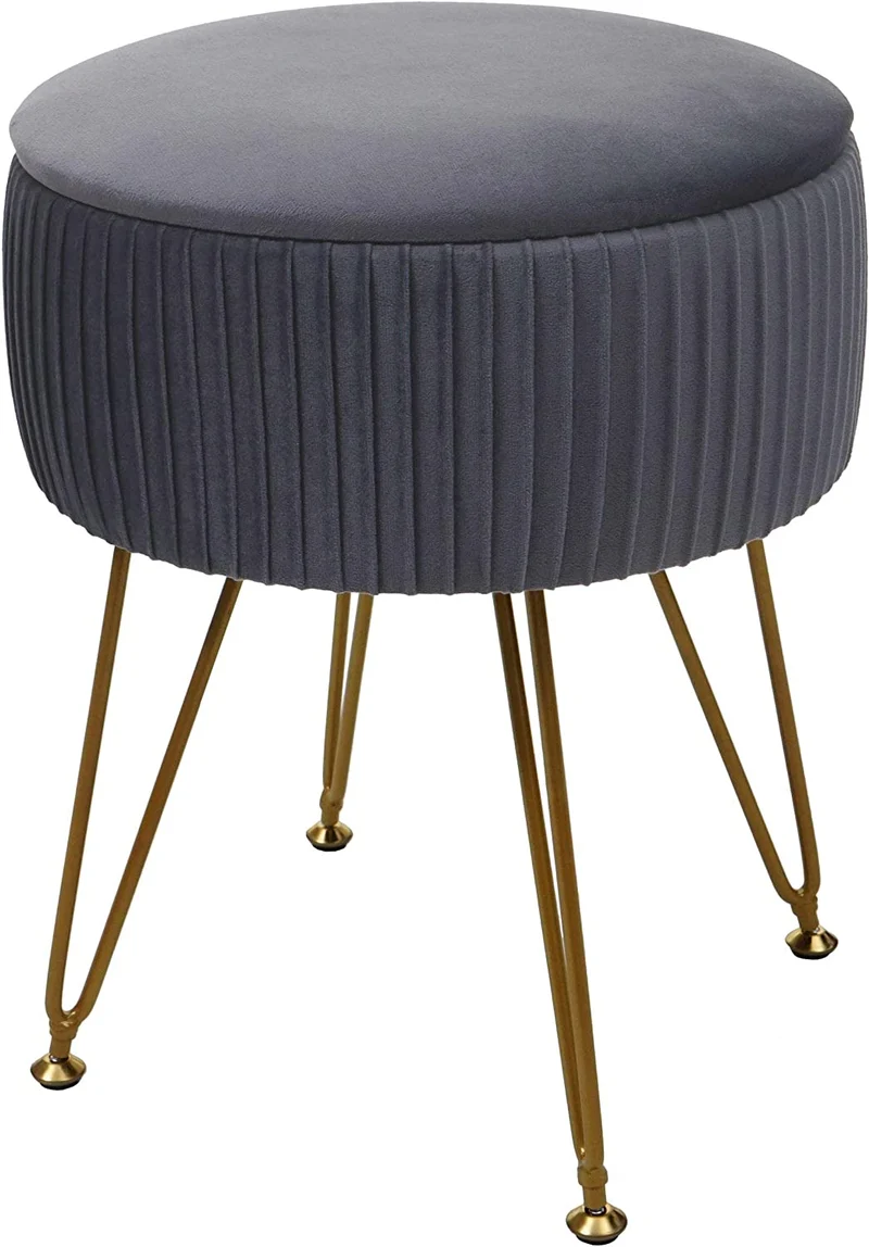 Tabouret avec compartiment de rangement Ø 33cm aspect velours gris clair cadre or TABO04012