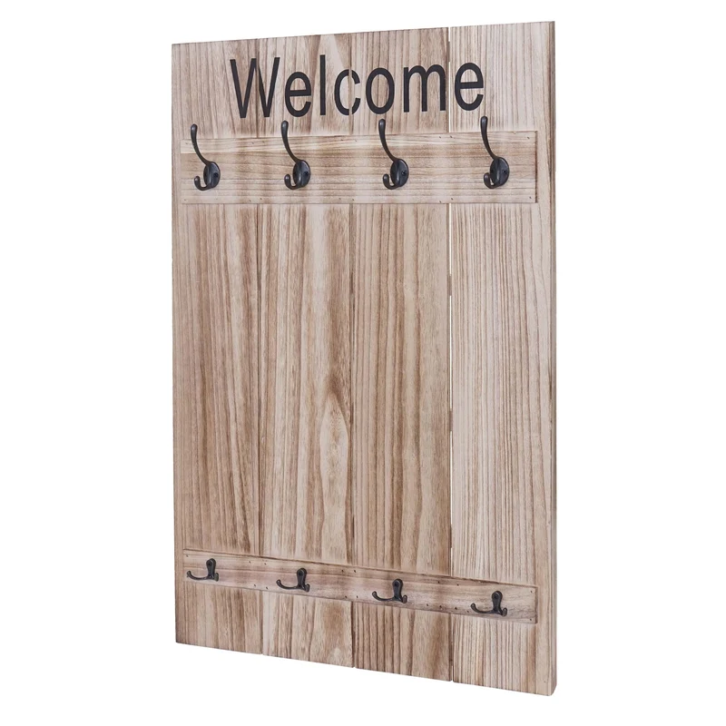 Porte-manteau mural Welcome panneau avec 8 crochets 91x60cm marron vieilli 04_0001002