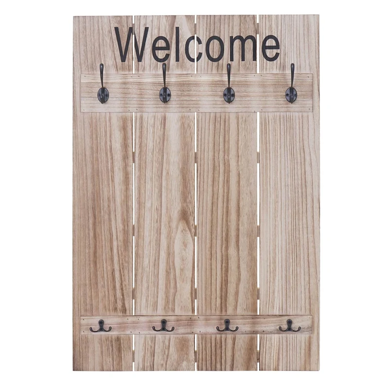 Porte-manteau mural Welcome panneau avec 8 crochets 91x60cm marron vieilli 04_0001002