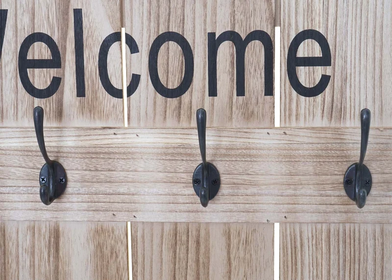 Porte-manteau mural Welcome panneau avec 8 crochets 91x60cm marron vieilli 04_0001002