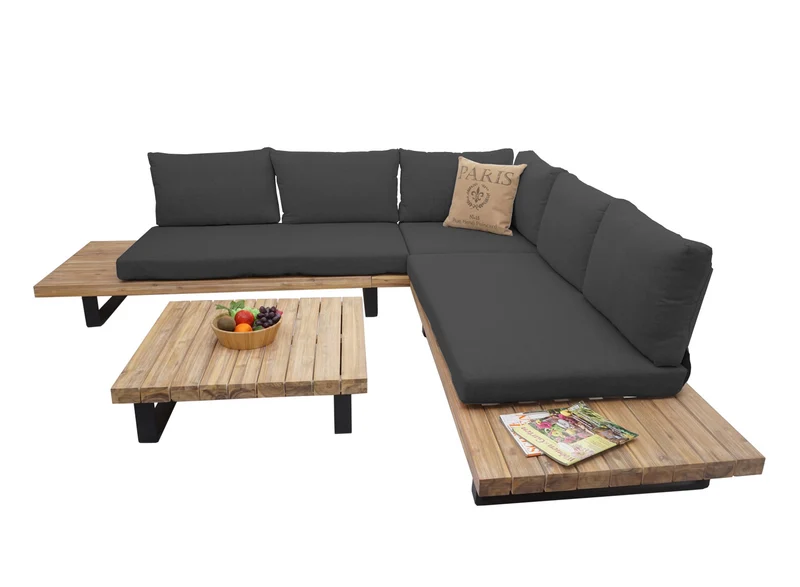 Salon de jardin terrasse balcon luxe ensemble canapé table en bois FSC certifié coussin gris foncé 04_0003578
