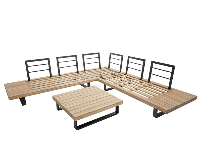 Salon de jardin terrasse balcon luxe ensemble canapé table en bois FSC certifié coussin gris foncé 04_0003578