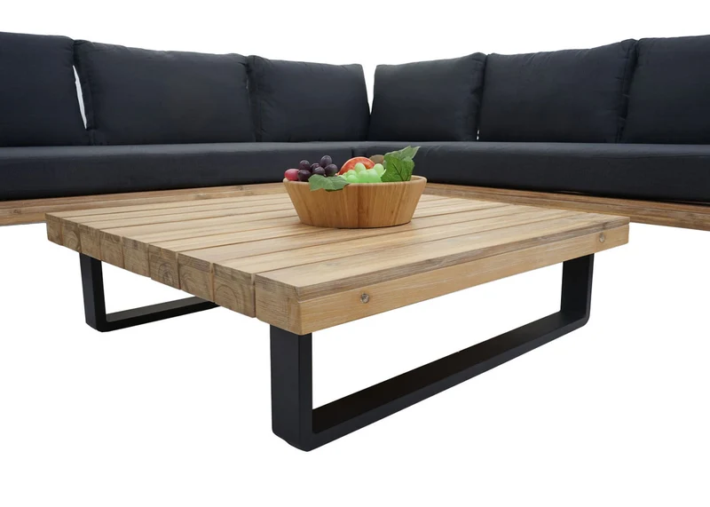 Salon de jardin terrasse balcon luxe ensemble canapé table en bois FSC certifié coussin gris foncé 04_0003578