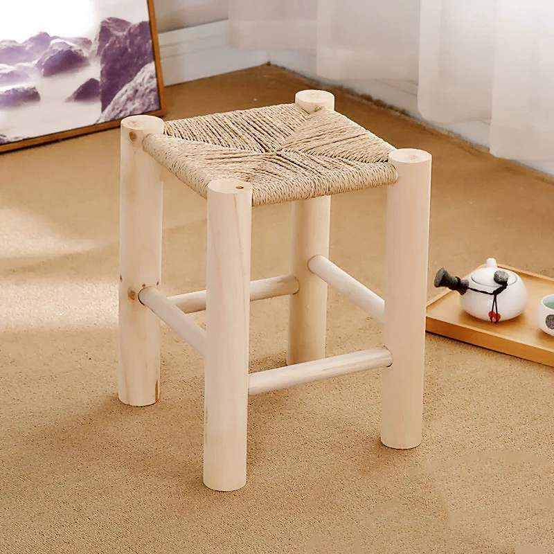 Contemporary Simplicity Weaving Paper Rope Pine Low Stool Backless Armless For Living Room