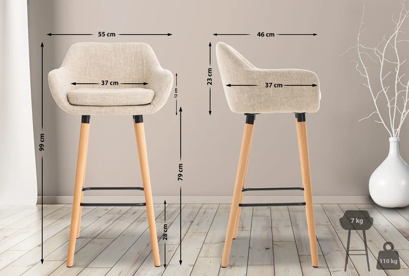 Tabouret de bar lounge x1 design scandinave assise en tissu crème pieds en bois repose-pieds en métal 10_0004922