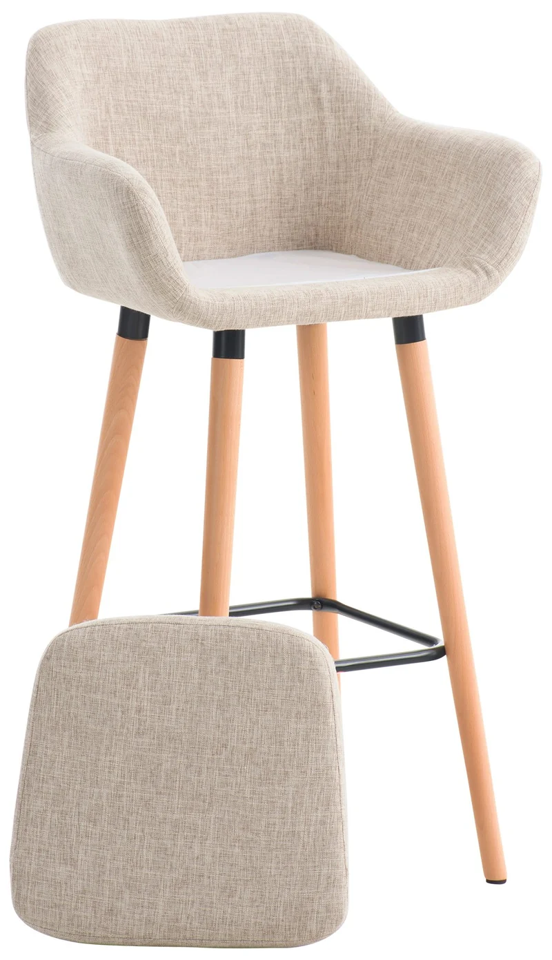Tabouret de bar lounge x1 design scandinave assise en tissu crème pieds en bois repose-pieds en métal 10_0004922