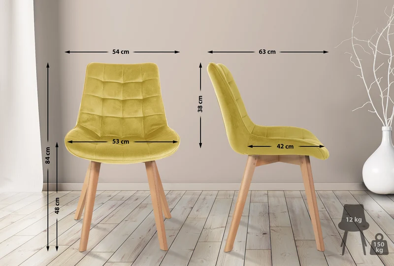 Chaise de salle à manger x1 design scandinave coutures carrées en velours jaune pieds en bois clair 10_0002187