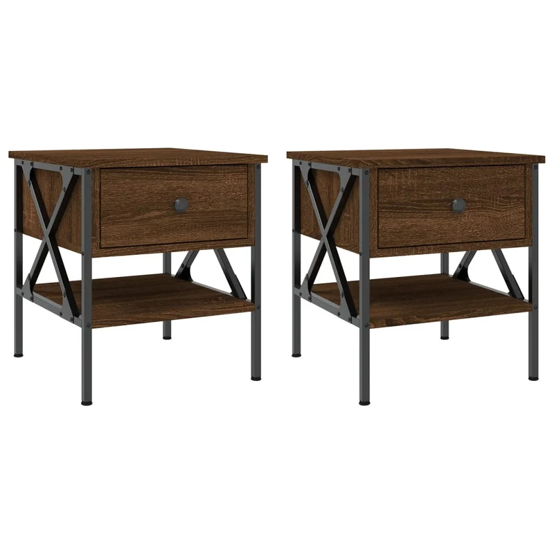 Lot de 2 tables de chevet avec tiroir et étagère 40 x 42 x 45 cm bois ingénierie marron et fer DEC035203
