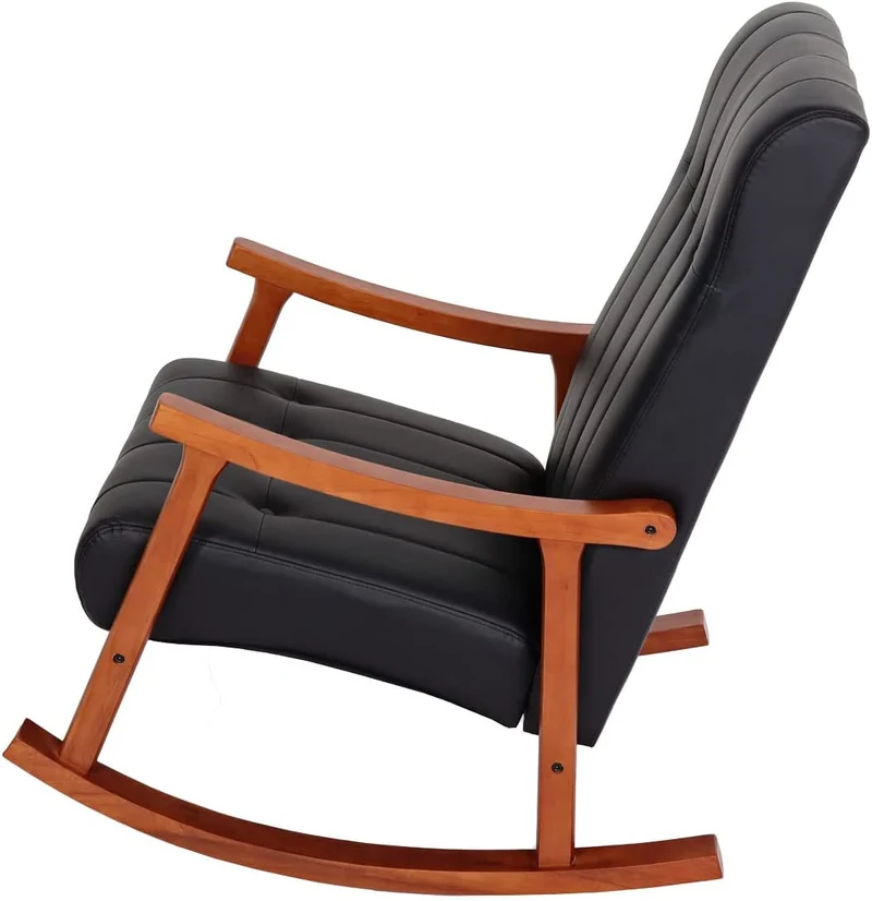 Fauteuil à bascule rocking chair relax avec accoudoirs en synthétique noir cadre aspect noyer FAB04033
