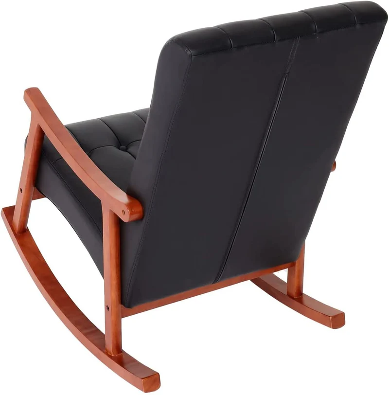 Fauteuil à bascule rocking chair relax avec accoudoirs en synthétique noir cadre aspect noyer FAB04033