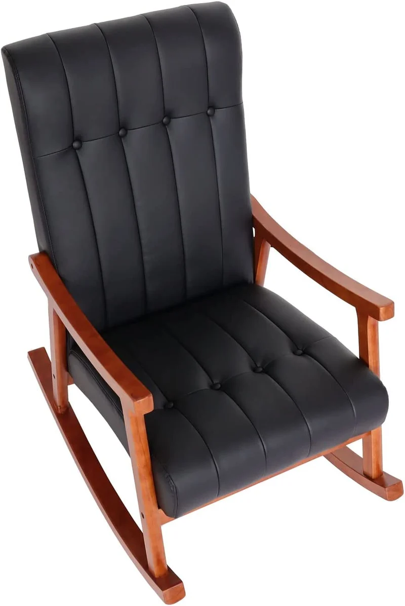 Fauteuil à bascule rocking chair relax avec accoudoirs en synthétique noir cadre aspect noyer FAB04033
