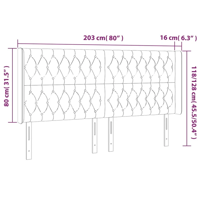 Tête de lit accessoire couchage chambre à coucher meuble avec rebord latéral 203 x 16 x 118/128 cm tissu gris clair TDL0205193