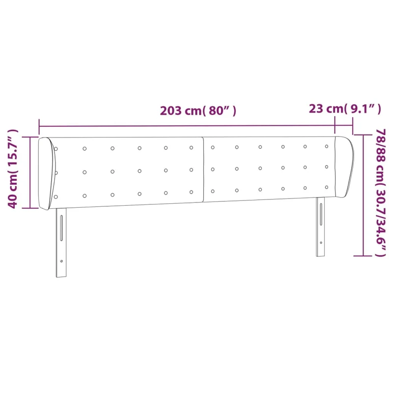 Tête de lit accessoire couchage chambre à coucher meuble avec rebord latéral 203 x 23 x 78/88 cm tissu noir TDL0204474