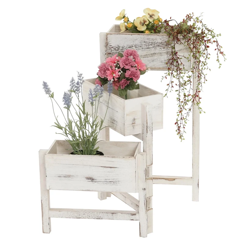 Étagère à plantes support à fleurs position réglable hauteur 65 cm en bois aspect vintage blanc 04_0005684
