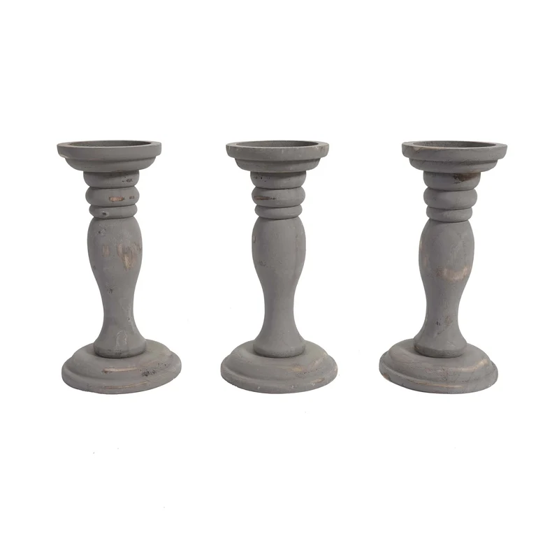 Lot de 3 bougeoirs style vintage hauteur 24cm en bois gris 04_0002988