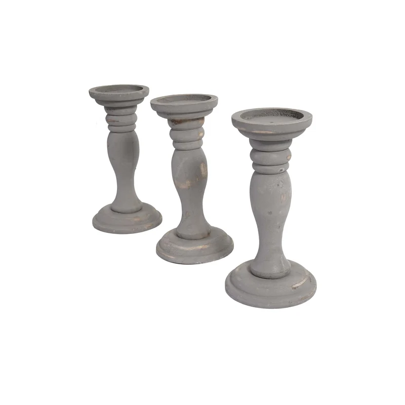 Lot de 3 bougeoirs style vintage hauteur 24cm en bois gris 04_0002988
