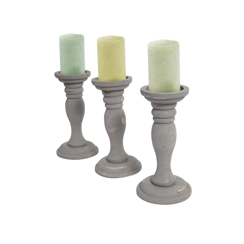 Lot de 3 bougeoirs style vintage hauteur 24cm en bois gris 04_0002988